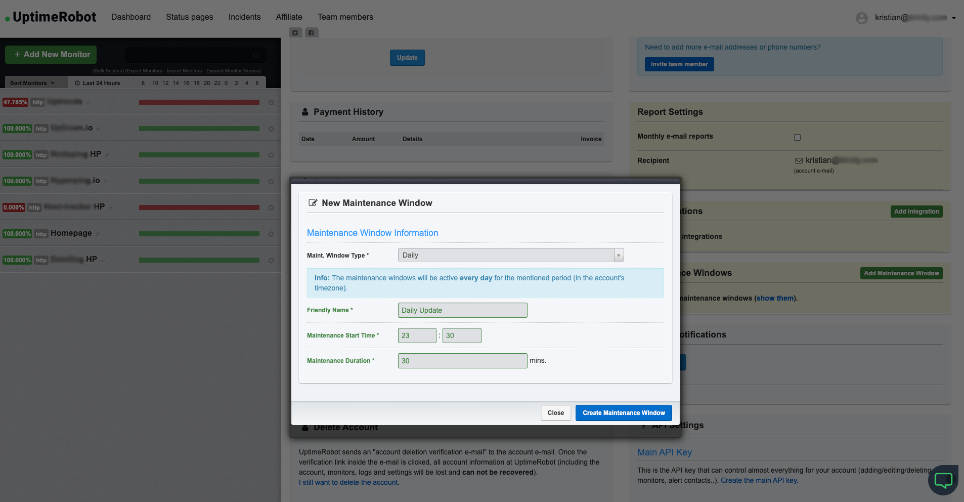 UptimeRobot Maintenance Window
